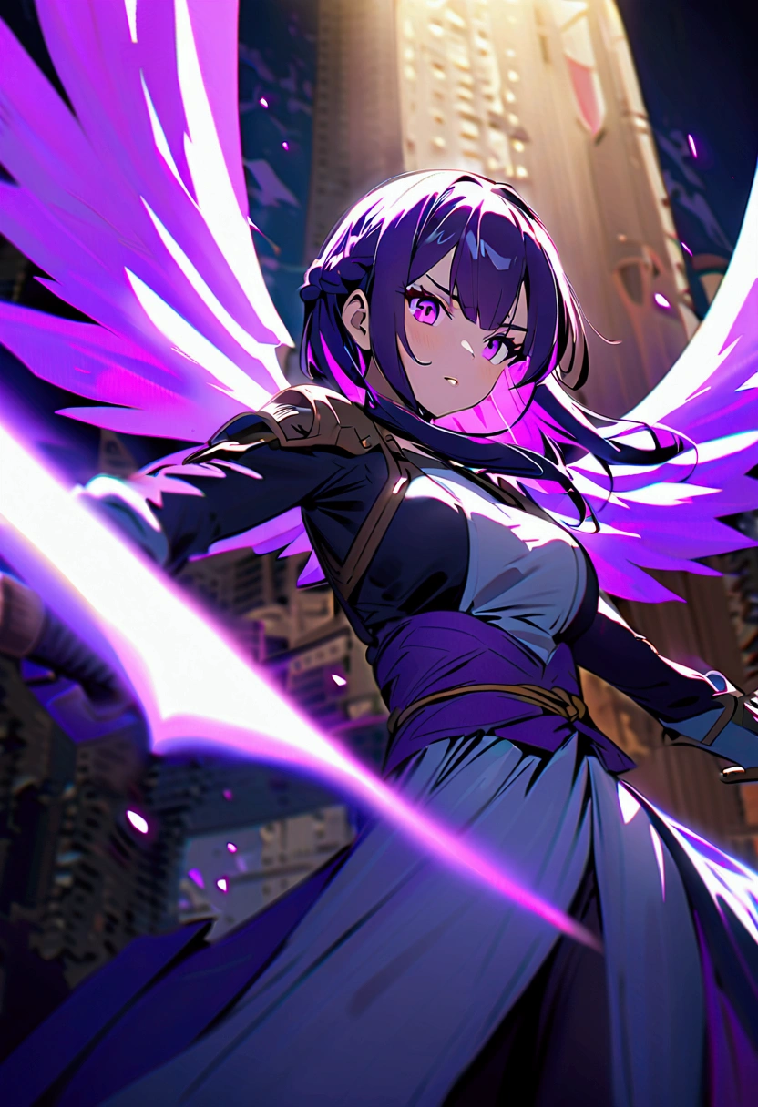 Anime woman with long dark blue with purple highlights wearing white warrior dress she she has Dark pink eyes has a bit of yellow shade from below has 1 flower braid and a beauty mark under her left eye grabbing one katana with purple blade in the sky looking calm as she has white wings and there's purple thunder aura within her and the katana flying in the sky with her wings as she taking a fighting position with her katana with purple thunder