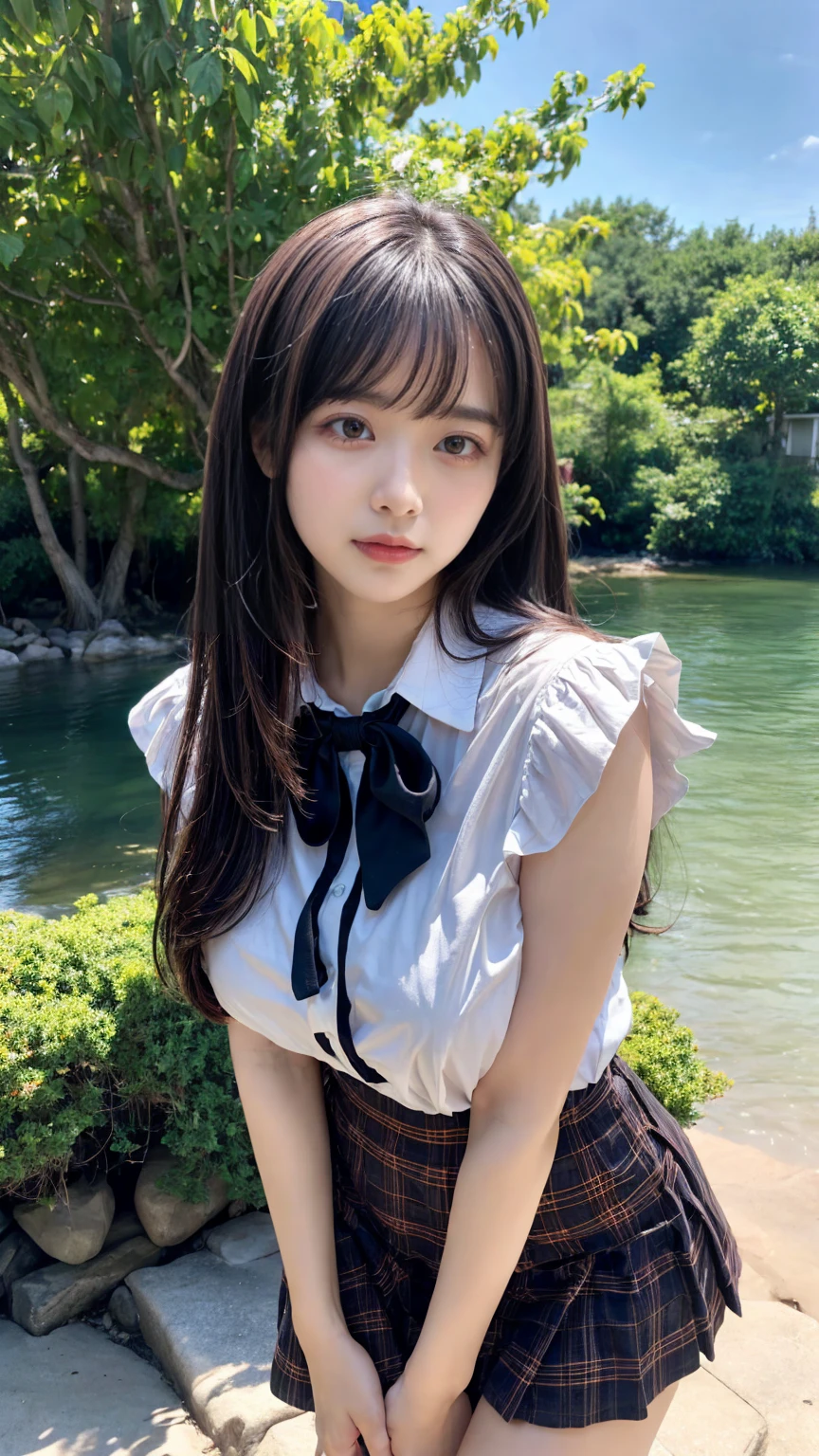 (absurdres:1.3), (highres:1.3), (ultra detailed:1.3),(1girl:1.3), (extremely detailed CG unity 8k wallpaper:1.3), (detailed skin texture, detailed cloth texture, detailed hair texture), (beautiful detailed face, supermodel, pale skin, realistic glistening skin), (RAW photo, best quality), (realistic, photo-realistic:1.4), masterpiece, extremely delicate and beautiful,Amazing, finely detail, extremely detailed CG unity 8k wallpaper, huge filesize, ultra-detailed, highres, absurdres, soft light,rim light, vibrant details, hotel room, straight hair, large breasts, black hair color, Big Natural Color Lip, (perfect body shape), beautiful legs, 20 years old, Beauty、Well-formed face、Make your eyes even、Large sagging eyes、Beautiful black hair、Has bangedium build、Well-balanced proportions、Arms wrapped around his back, hands tie behind back, Tartan plaid pleated skirt、Blue Short Sleeve Blouse、Beautiful scenery、(front view:1.3), Leaning against a large tree on the shore of a beautiful lake、