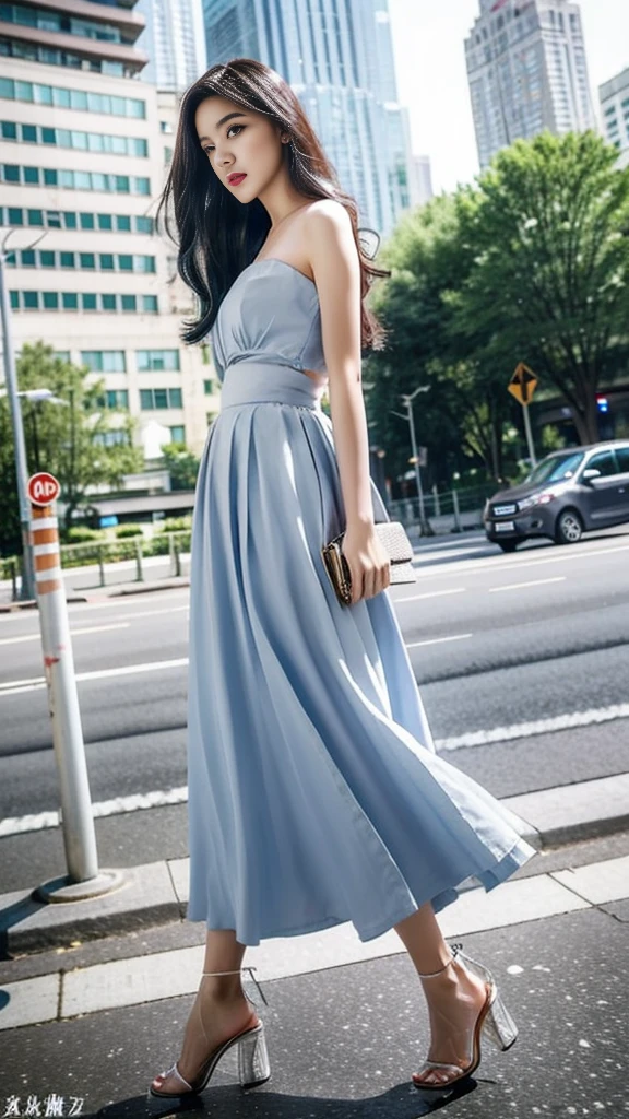 summer，18 years old plump girl，Clear facial features，Exquisite makeup，（Tight hip skirt，High-heeled sandals），Thin waist and thick hips，City Streets，Full body photos from all angles，Fashion