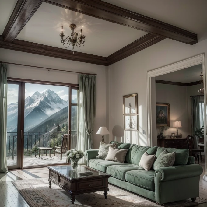 super realistic photograph of a living room in luxury charming gothic style with white color, green and gray surrounded by mountains cozy and tranquil, sharpness in details 8k quality