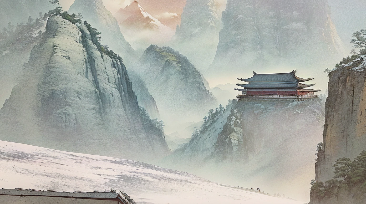 painting of a mountain with a pagoda in the middle of it, digital painting of a pagoda, dojo on a mountain, illustration matte painting, chinese watercolor style, rob rey and kentarõ miura, inspired by Sōami, chinese landscape, inspired by Tōshi Yoshida, rob rey and kentarõ miura style
