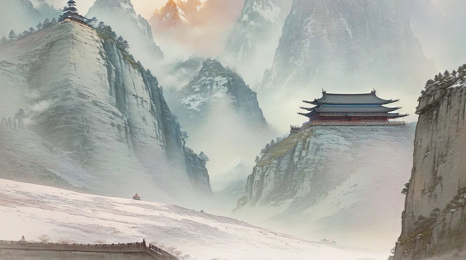 painting of a mountain with a pagoda in the middle of it, digital painting of a pagoda, dojo on a mountain, illustration matte painting, chinese watercolor style, rob rey and kentarõ miura, inspired by Sōami, chinese landscape, inspired by Tōshi Yoshida, rob rey and kentarõ miura style