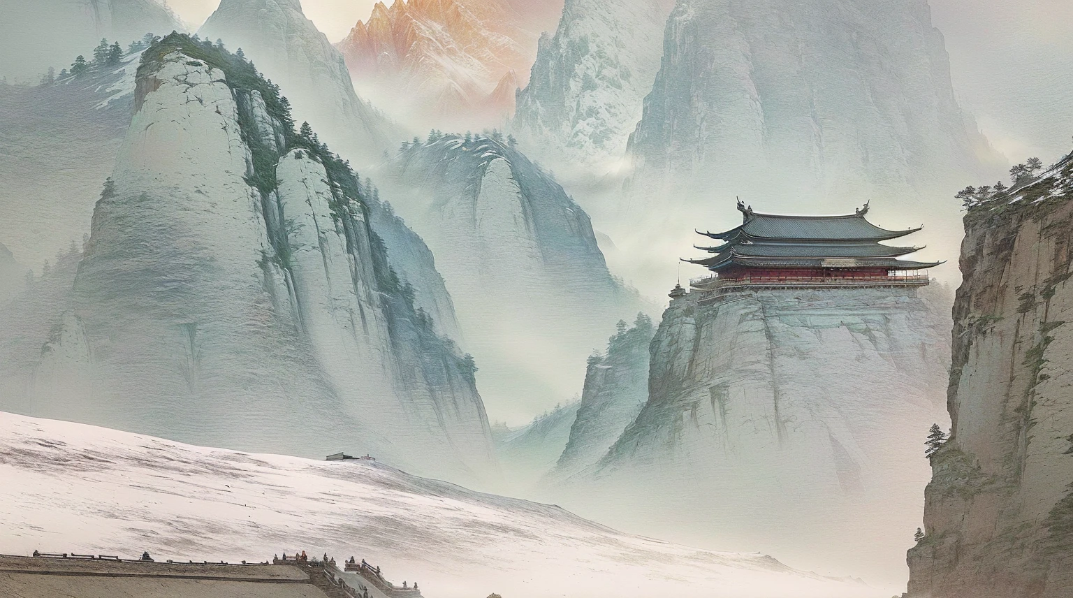 painting of a mountain with a pagoda in the middle of it, digital painting of a pagoda, dojo on a mountain, illustration matte painting, chinese watercolor style, rob rey and kentarõ miura, inspired by Sōami, chinese landscape, inspired by Tōshi Yoshida, rob rey and kentarõ miura style
