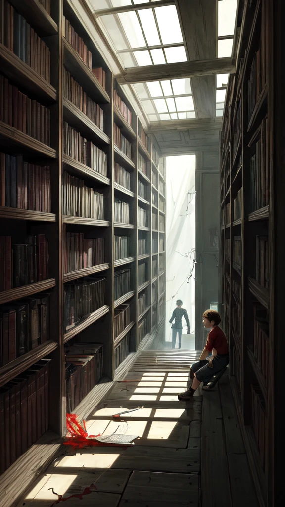 Alex frowns, tugging at the book again, which suddenly triggers a mechanism. A section of the bookshelf creaks and slowly swings open, revealing a dark, narrow staircase leading down.