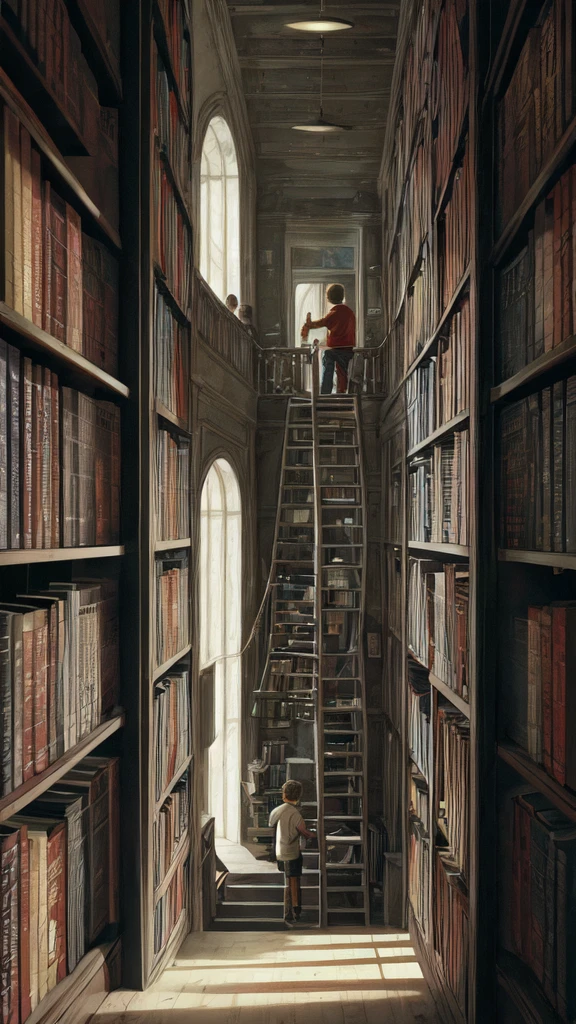Alex frowns, tugging at the book again, which suddenly triggers a mechanism. A section of the bookshelf creaks and slowly swings open, revealing a dark, narrow staircase leading down.