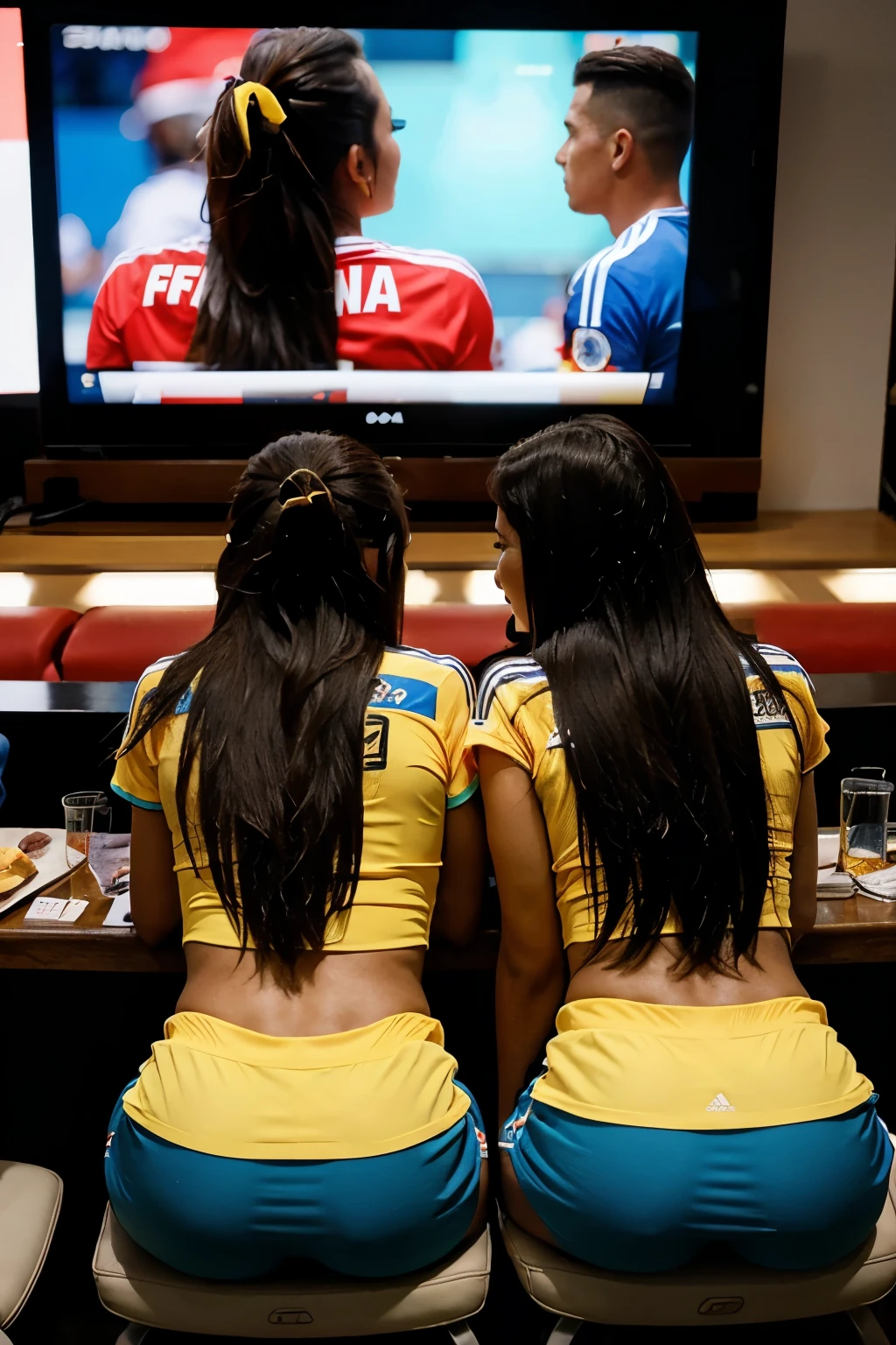 A couple watching the Colombia game from behind with the team's shirt, the dark-skinned boy and the white-skinned girl and the two brown-haired
