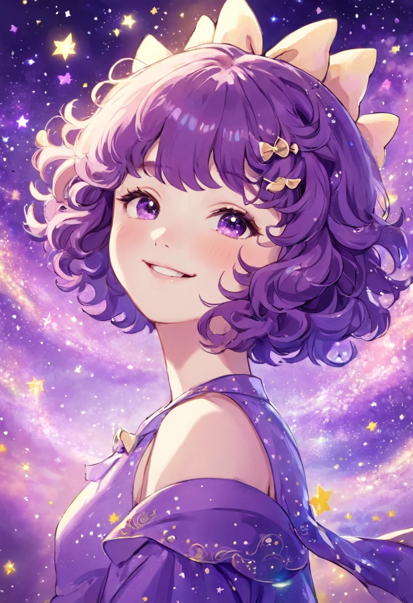 ((work of art)), (best qualityer),, offcial art, Kizi, short hair with curly bangs, curls, smiling, fly away, glad, pretty, bow, Caucasian skin, skin fair, adolescent, magica, mystical, magical world, bts, Bangtan, galaxy, spots on the face, little Princess, magica, light purple, young almost adult.