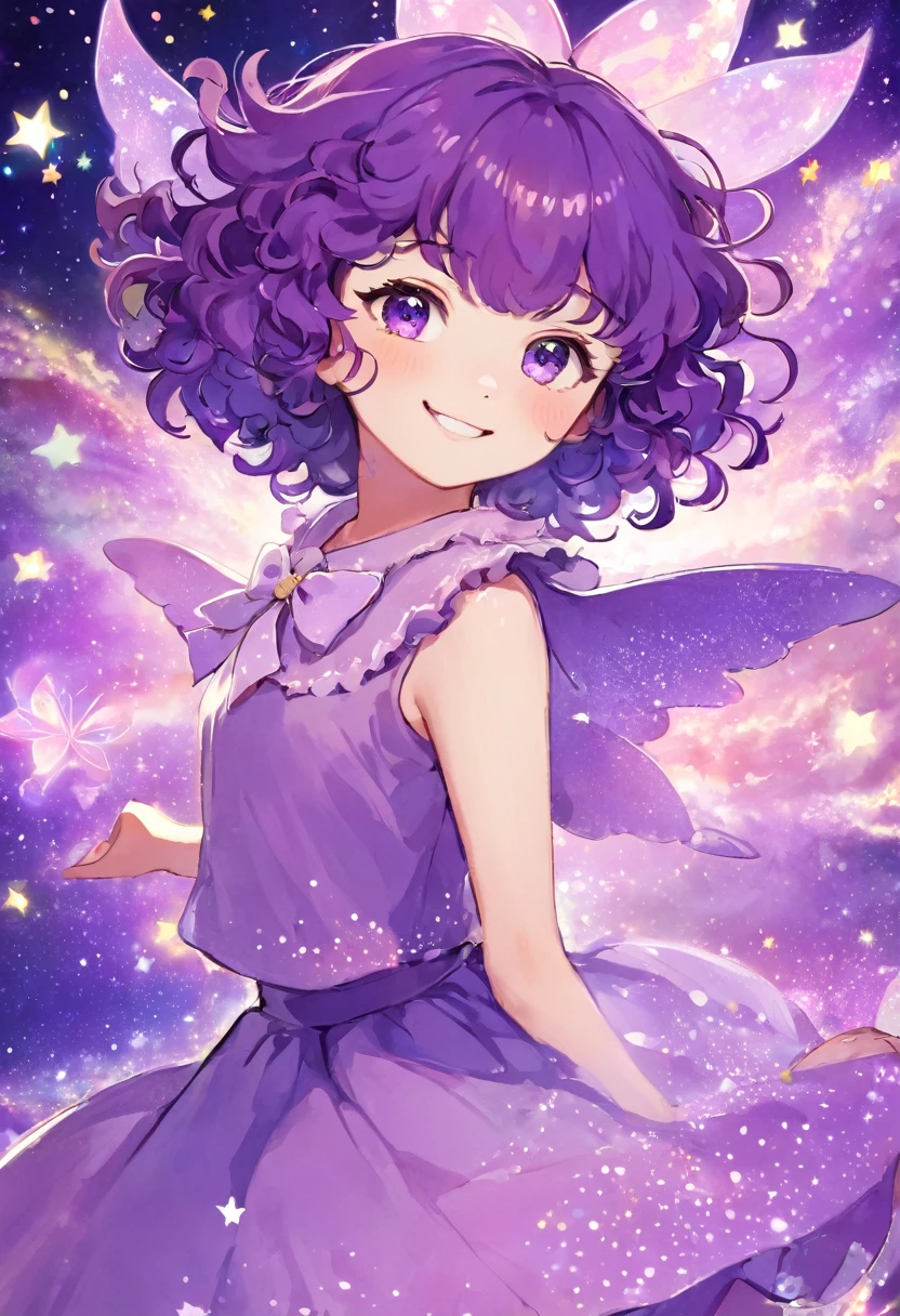 ((work of art)), (best qualityer),, offcial art, Kizi, short hair with curly bangs, curls, smiling, fly away, glad, pretty, bow, Caucasian skin, skin fair, adolescent, magica, mystical, magical world, bts, Bangtan, galaxy, spots on the face, little Princess, magica, light purple, young almost adult.
