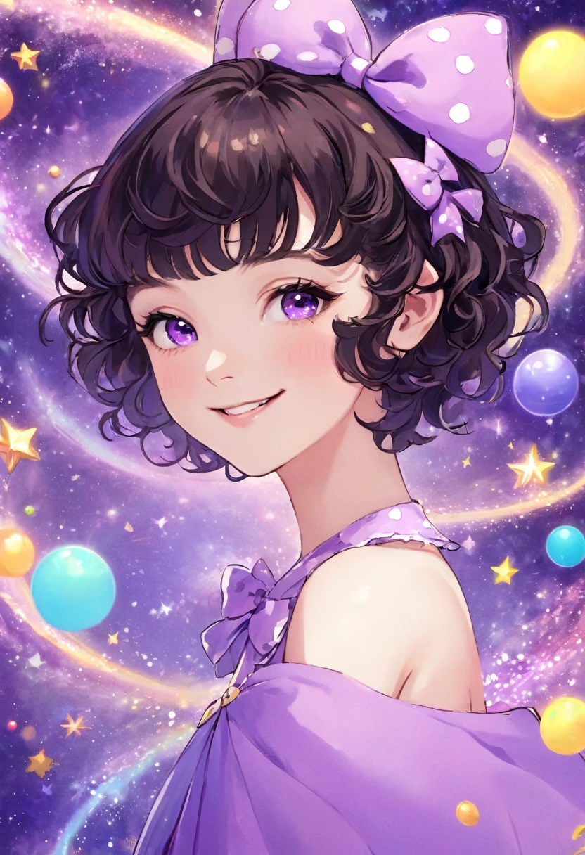 ((work of art)), (best qualityer),, offcial art, Kizi, short hair with curly bangs, curls, smiling, fly away, glad, pretty, bow, Caucasian skin, skin fair, adolescent, magica, mystical, magical world, bts, Bangtan, galaxy, spots on the face, little Princess, magica, light purple, young almost adult.