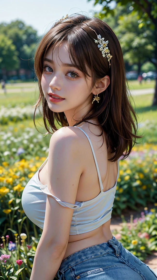 (Masterpiece, BestQuality:1.3), (ultra detailed:1.2), (hyperrealistic:1.3), (RAW photo:1.2),High detail RAW color photo, professional photograph, (Photorealistic:1.4), (realistic:1.4), ,professional lighting, (japanese), beautiful face, (realistic face), cute woman, (Brown Hair, Big Tits:1.2), (cheerful Smile:1.35), Trending Hair&Trending Hairカラーをランダムに, sexly, erotic sexly, Random sexy gravure poses, (Japanese gravure idol wearing a white chiffon top and denim skirt、Bending over boldly to pick flowers in the park。Background is flowers々Blooming grassland。Shiny gold earrings。:1.3)