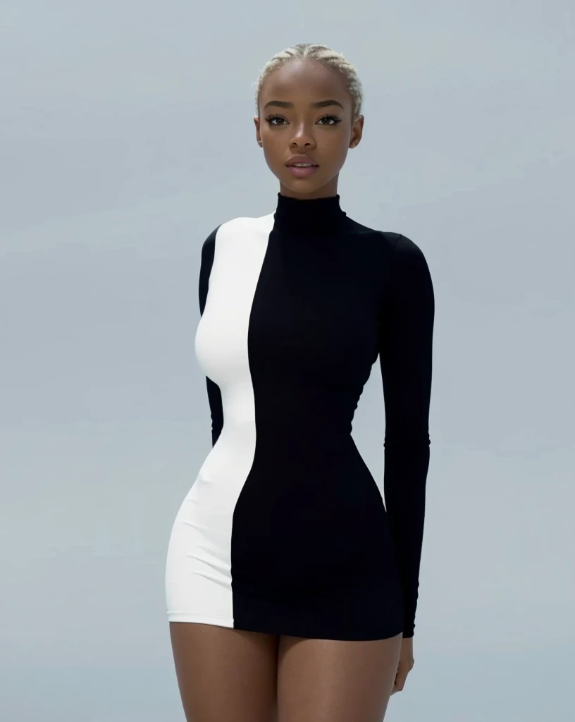 (Beautiful girl, Sonequa Martin-Green, Dove Cameron, Laura Harrier, Peyton List), Wearing ((tightest)) white and black cotton-Lycra-fabric long sleeve mini dress, round breasts, slim waist, big hips, beautiful soft thighs, beautiful legs,(HDR, 8K, vivid, vibrant, detailed: 1.4), (hyper realistic, movie graphics)