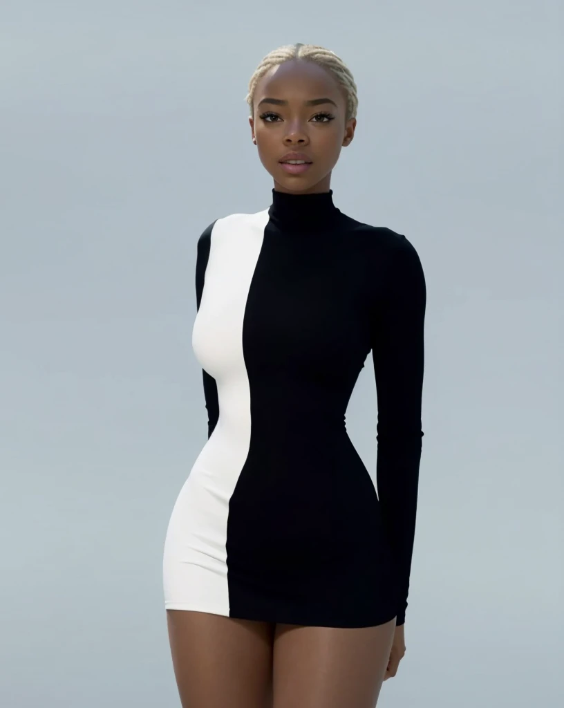 (Beautiful  girl, Sonequa Martin-Green, Dove Cameron, Laura Harrier, Peyton List), Wearing ((tightest)) white and black cotton-Lycra-fabric long sleeve mini dress, round breasts, slim waist, big hips, beautiful soft thighs, beautiful legs,(HDR, 8K, vivid, vibrant, detailed: 1.4), (hyper realistic, movie graphics)