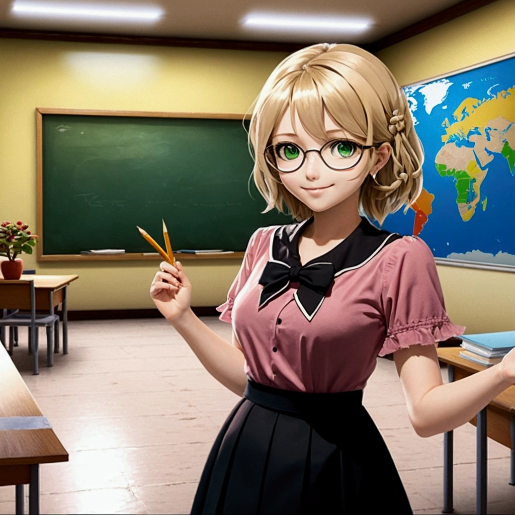 Create an image of the teacher who is showing a smile on her face in front of the classroom board.