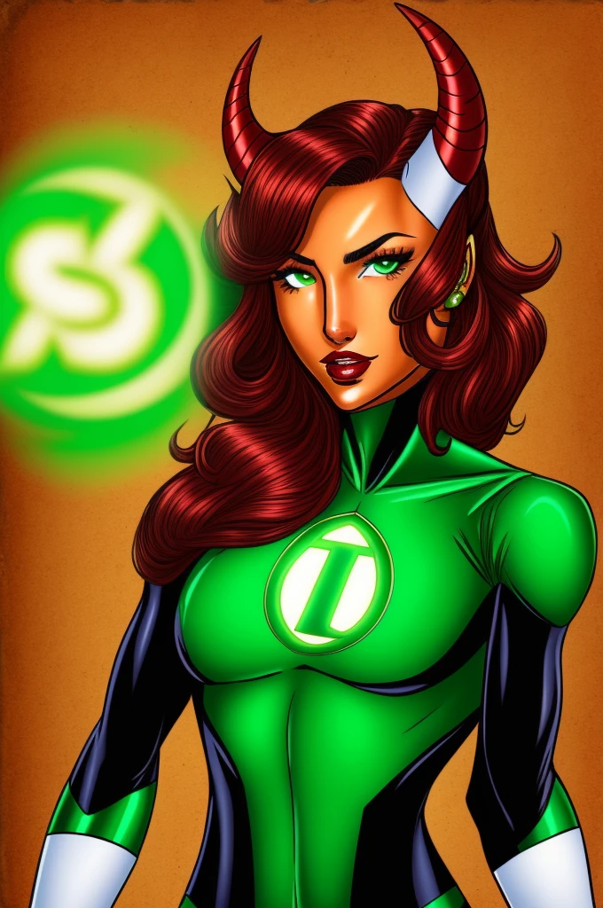 masterpiece, best quality, tiefling, 1girl, red skin, colored skin, horns, pointy ears, green lantern jessica_cruz costume looking at viewer, upper body 