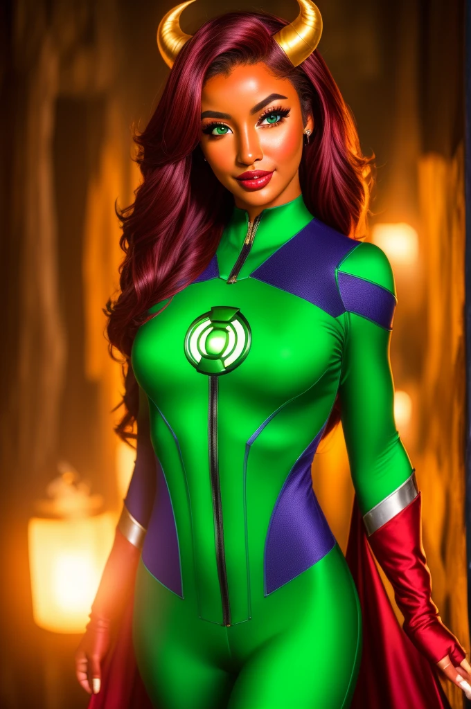 masterpiece, best quality, tiefling, 1girl, red skin, colored skin, horns, pointy ears, green lantern jessica_cruz costume looking at viewer, upper body 