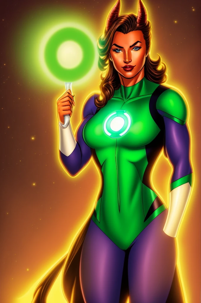 masterpiece, best quality, tiefling, 1girl, red skin, colored skin, horns, pointy ears, green lantern jessica_cruz costume looking at viewer, upper body 