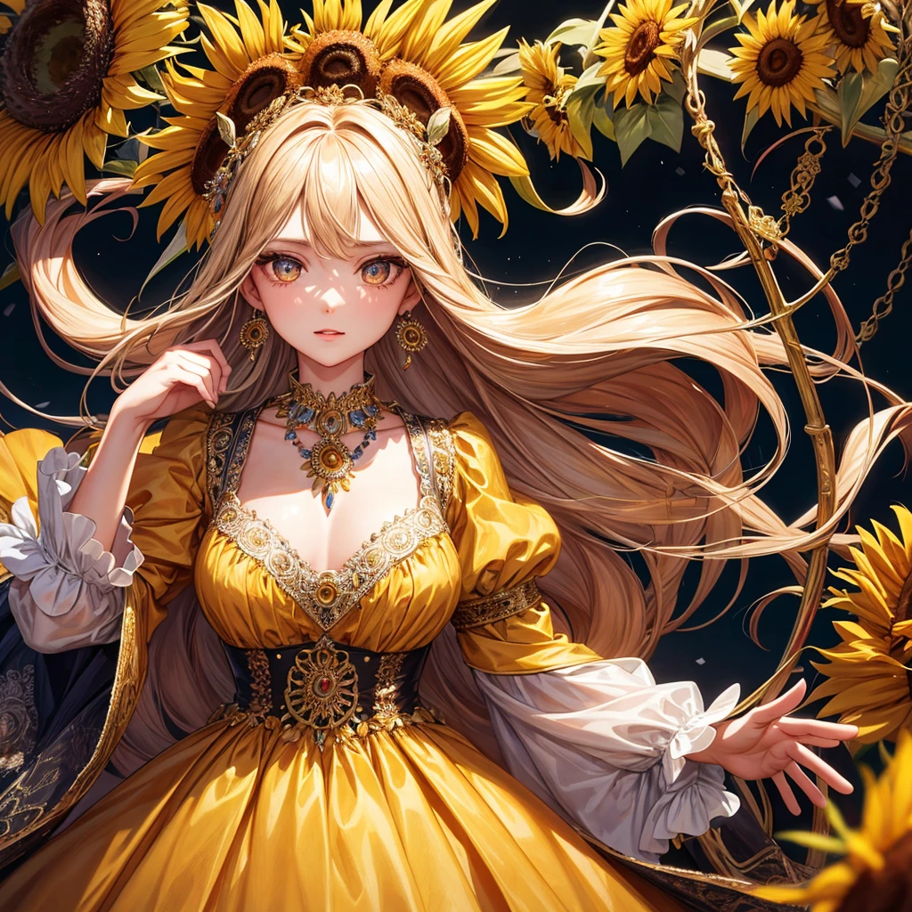 ( Absurdly , high quality , Extremely detailed ) ,( Handmade details ) , 1 Girl, Solitary, Mature, Very long hair, Sunflower Hair , Beautiful crystal eyes ( Eyes Details ) Baroque, necklace, Long skirt, Long sleeve, elegant, rich and colorful, The most detailed, Upper Body , There are rivers and sunflowers