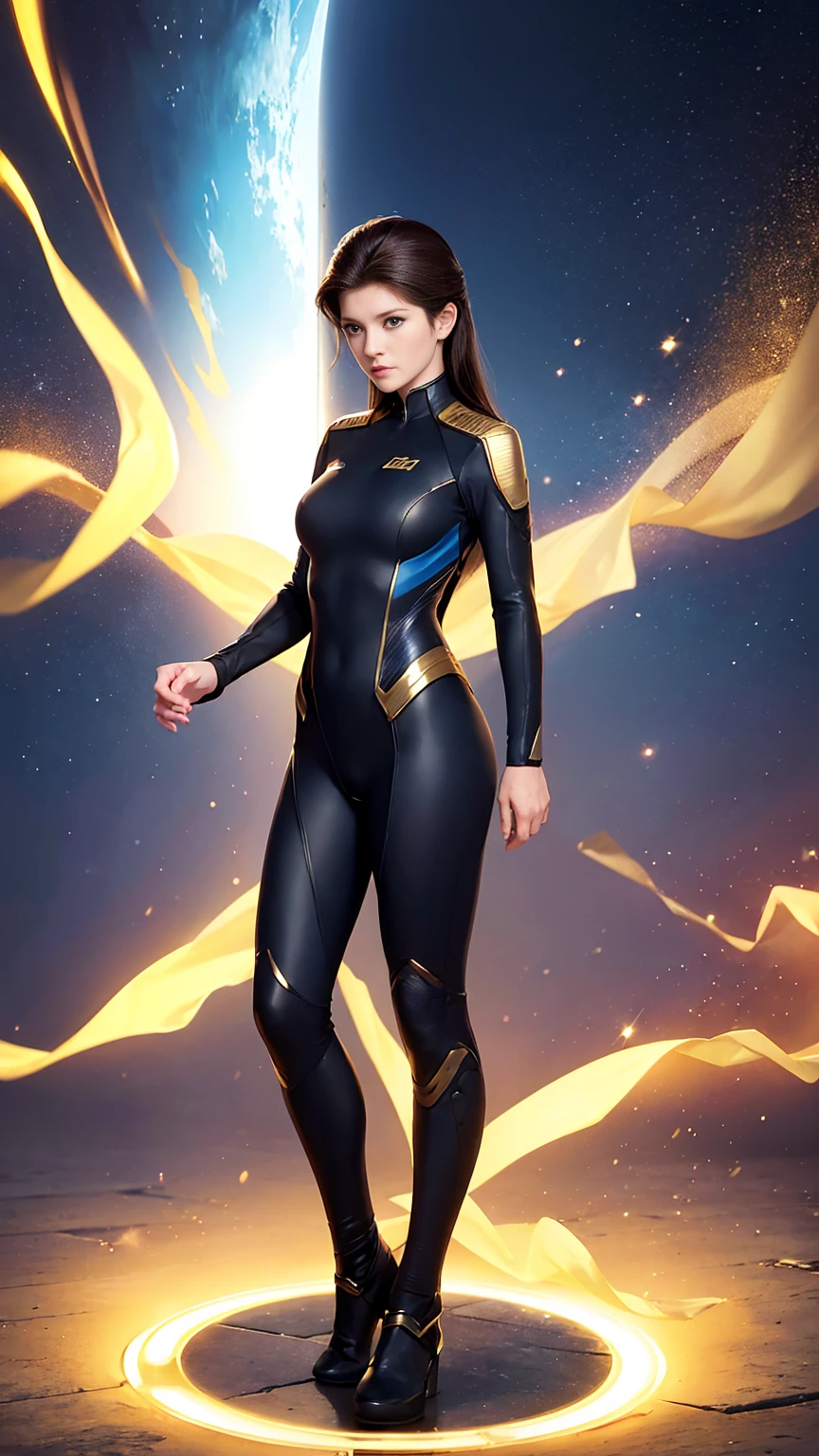 ((Full body photo, standing, feet on the floor)) Captain Janeway , highest quality、Realistic、female、Japanese、zoom、cute、Brown eyes、Black Hair、long hair、Blue hero suit、Gold accents on suits、Shiny bodysuit、Ocean
