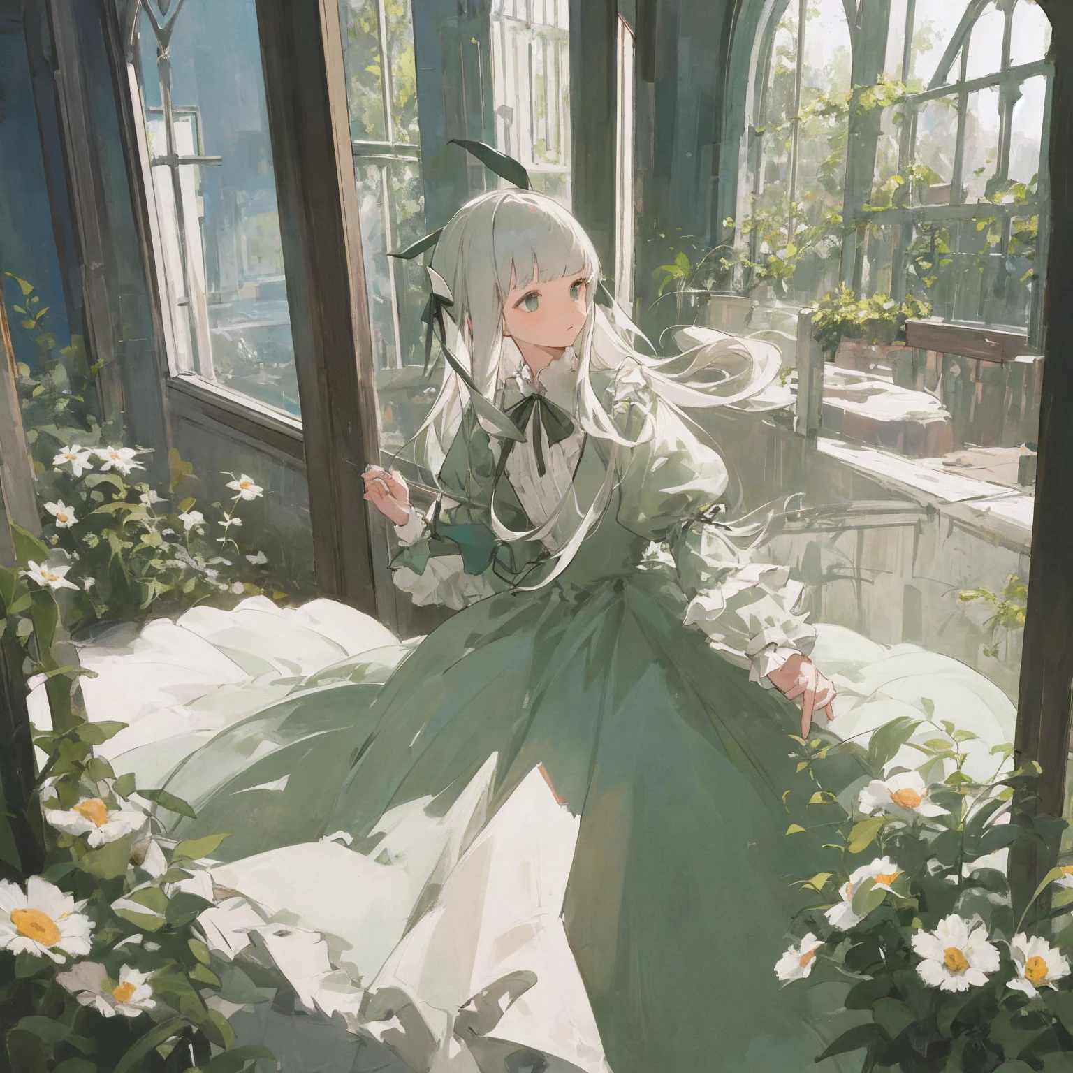 (masterpiece, Highest quality),One girl,(skinny:1.2),Outdoor,garden, window, Long Hair, Blunt bangs, Green and White dress,Hair Ribbon,Frill dress