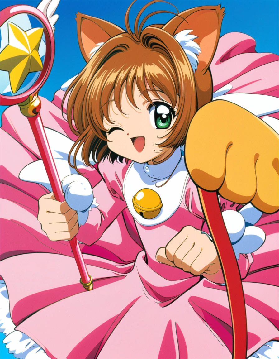 1girl, kinomoto sakura, animal ears, one eye closed, cat ears, solo, tail, brown hair, bell, green eyescat tail, magical girl, dress, paw pose, short hair, smile, open mouth, 1990s (style), retro artstyle, ;d, jingle bell, wand, looking at viewer, pink dress, antenna hair,