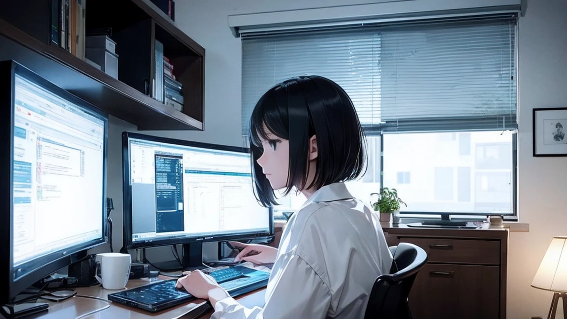A female programmer in her 20s、Draw a scene where you are working in your room at home。She has a short hairstyle、Concentrating and staring at the computer screen。The room is dark because it's night.、keyboard on the desk、mouse、There are also several programming related books.。In the background of the room、I can see the moonlight and city lights from the small window.、Soft light from a desk lamp illuminates her workspace.。This illustration、It expresses the atmosphere of a woman immersed in coding alone on a quiet and calm night.。