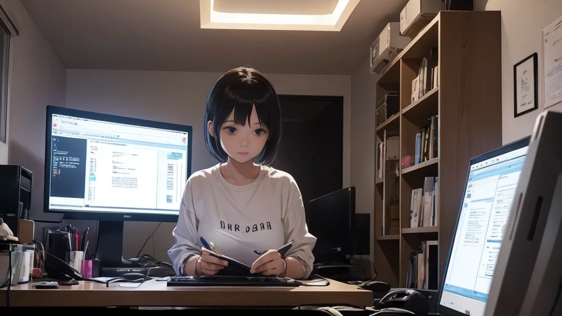 A female programmer in her 20s、Draw a scene where you are working in your room at home。She has a short hairstyle、Concentrating and staring at the computer screen。The room is dark because it's night.、keyboard on the desk、mouse、There are also several programming related books.。In the background of the room、I can see the moonlight and city lights from the small window.、Soft light from a desk lamp illuminates her workspace.。This illustration、It expresses the atmosphere of a woman immersed in coding alone on a quiet and calm night.。