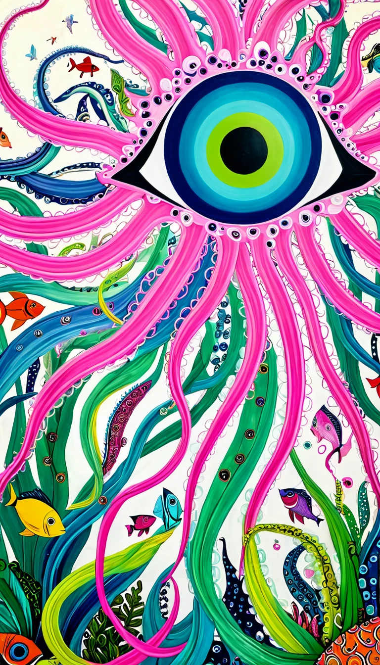 "Dick Ellescas Artist Style",palm,fish,Tentacles,bird、Eye、diatom,Stitching together an abstract painting,Describing the inner world of autistic people,Sense of space,White Space,interesting,Innocence,Psychedelic Art,Pink theme