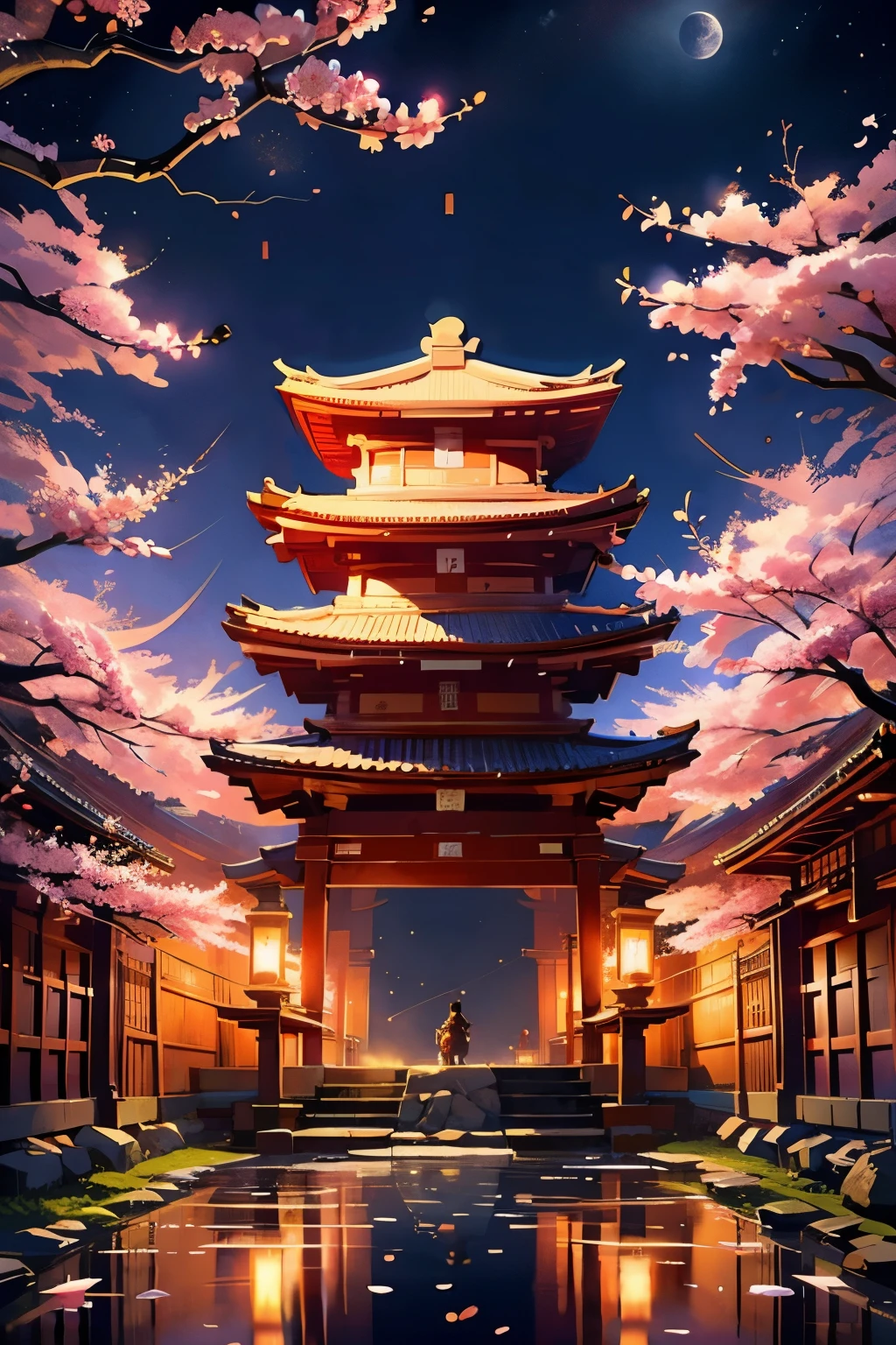 masterpiece,shrine,hope,Positive,beautiful,Large Torii Gate,cherry blossoms ,Night Sky,High resolution, High resolution, 8K, masterpiece2:1,( Shrine in Kyoto,moon)Back view