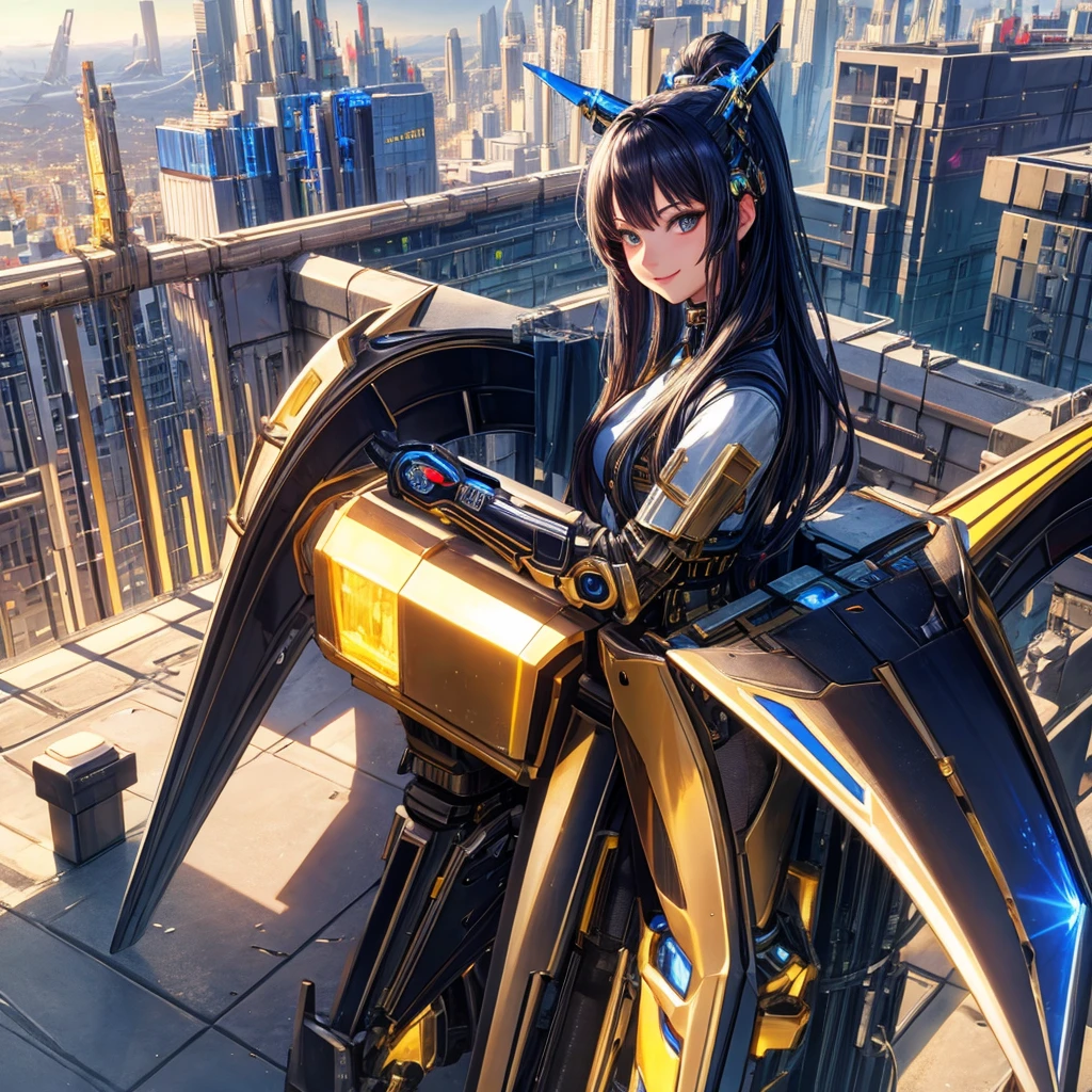 masterpiece,(best quality),Very detailed,Extremely detailed,1 Girl,(Mechanicalwing:Golden,Glowing eyes:blue,Goldenrarmor:1.2,Long ears:0.8),(Cyberpunk City:1.5,arms:Energy Blade),(Fantasy Landscape:1.2,Natural Lighting:1.5,Confident expression),(panoramic:1.2),Mecha, Smile,angle,Angel, wing,Chrome,Raw