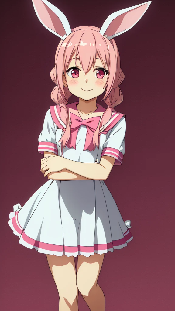 ((masterpiece))((Highest quality))Rabbit Ears、girl、smile、blush、Flat Chest、Are thin、Pink Hair、blush、Are standing、Whole body image、Even your toes are visible、Eye level on face、front、No background、Rabbit Pose、真frontのアングル、Pigtails、Sailor clothing