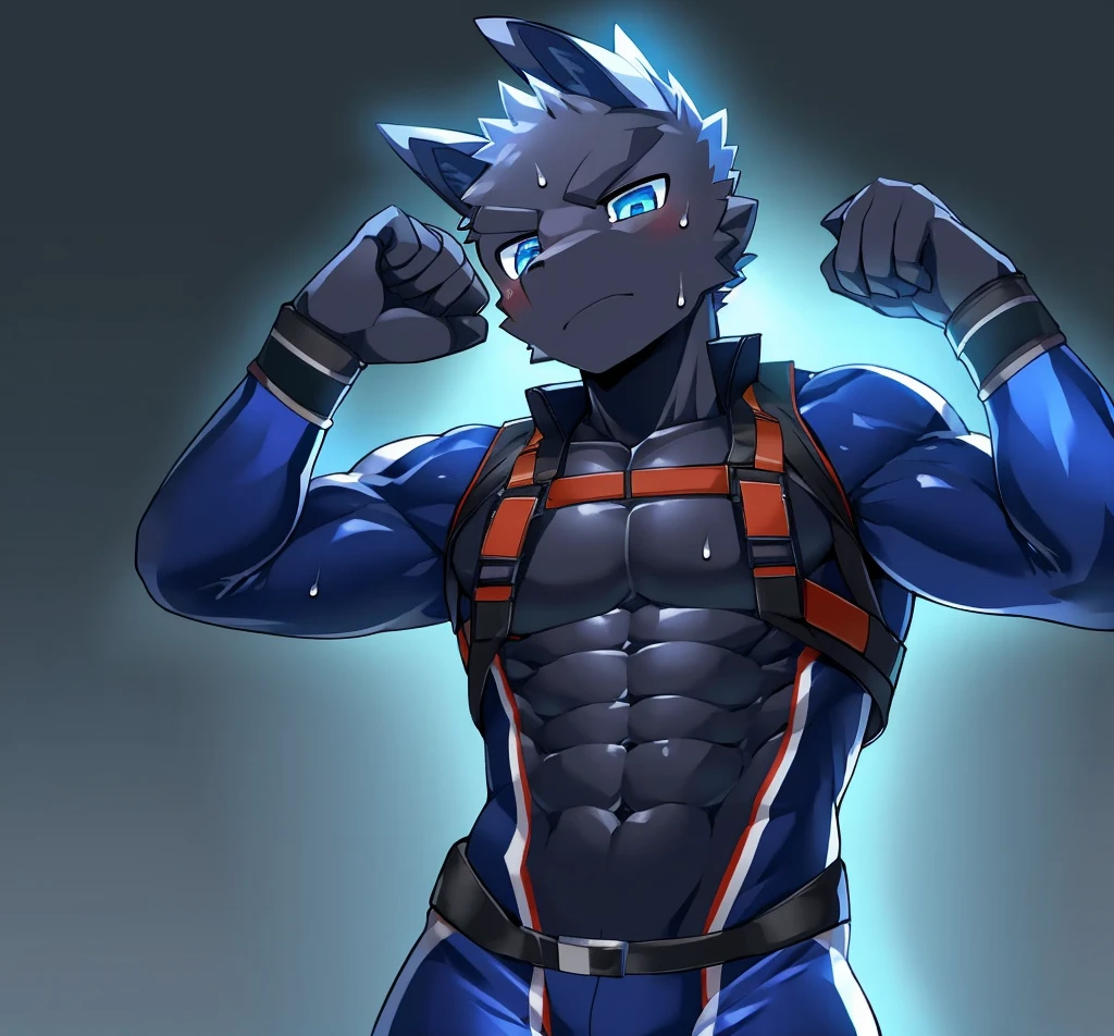 Thin macho　western black dragon　　abs　　　　　Hollow abs　　body suit　　thick arms　　　chest rig　　　、sweaty　　　skin glow　　profile　　Wearily　short of breath　　  　Chemo shota　　
have a 　blue eyes　Tired look jacket