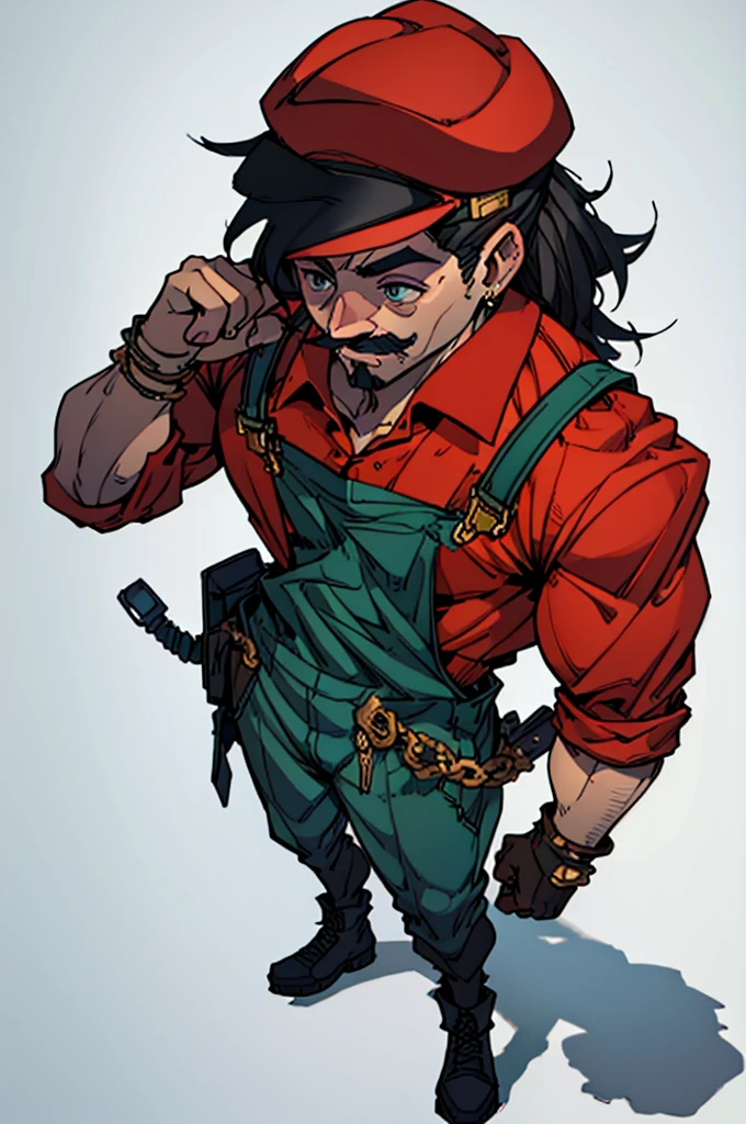 A high-quality, detailed Mario character, intricate details, photorealistic 3D rendering, dynamic lighting, cinematic angle, vibrant colors, bold shadows, muscular body, heroic expression, his mustache covering his smile, iconic red hat and overalls, JoJo's outfit, red JoJo's outfit with gold parts, detailed facial features, expressive eyes, adventurous pose, JoJo's pose, lush and colorful environment, perfect composition, cinematic atmosphere, masterpiece, full body shot, full body, whole body, no background, completely blank background with no details, no tattoo