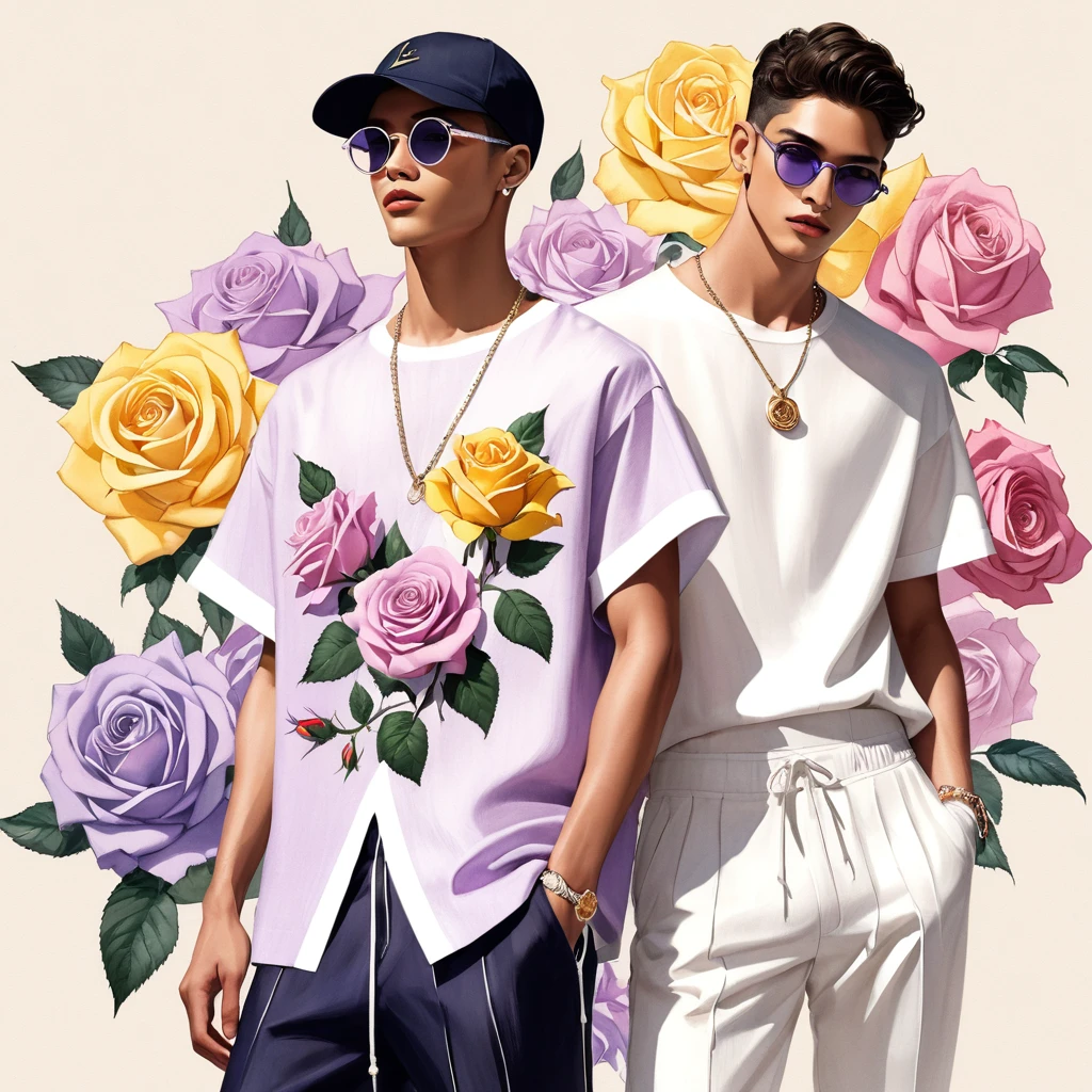 candid fashion illustration of young Mixed race 2man, both aged 18-23 year old, ((showcase fashion look book in linen outfits)), the design inspired by Lucifer Rose by KAWAMOTO Rose Garden, in elegant chic style. The man wears an oversized short-sleeved shirt with a minimal rose embroidery details, paired with relaxed-fit white Short with Drawstring, He completes his look with white sneakers and round glasses. The boyfriend complements him in a skinny fitted speedo in a stripe pattern, semi bulge, He resemble includes an accessorizes with a hat and white sneakers, Captured in a low angle, ((full-body image)), ((Lucifer roses motifs background)), fashion sketching, realistic drawing, ((imperfect water color drawing background)), fashion look book, fashion illustrator, fashion sketch design, gay, gay couple, Lucifer Rose pearlised lilac tone and yellow stamens.