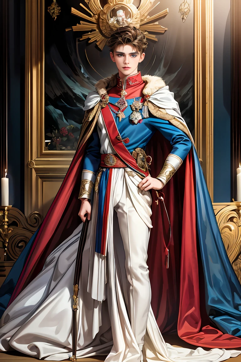 
masterpiece, 最high quality, high quality, 1 boy, alone, Male focus, Watching the audience,  Messy brown hair, Adorable big blue eyes, White people, Noble, Noble,Sexy voluminous cape、vampire、A very voluminous, large, very large, very large, long, long red and black cape with a high stand-up collar, made of a lot of fabric that reaches down to the floor., 17 years old,Cute beautiful boys,Cute, cute, kind, handsome guy