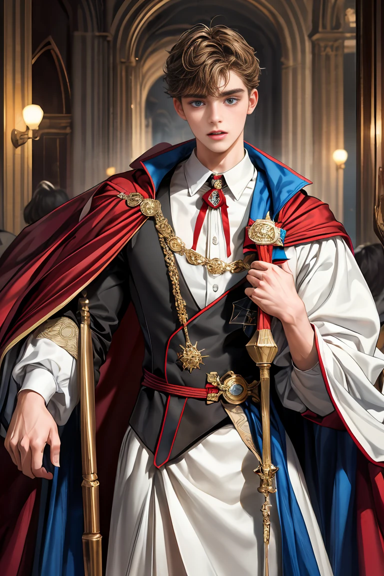 masterpiece, 最high quality, high quality, 1 boy, alone, Male focus, Watching the audience, Messy brown hair, Adorable big blue eyes, White people, Noble, Noble,Sexy voluminous cape、vampire、A very voluminous, large, very large, very large, long, long red and black cape with a high stand-up collar, made of a lot of fabric that reaches down to the floor., 17 years old,Cute beautiful boys,Cute, cute, kind, handsome guy