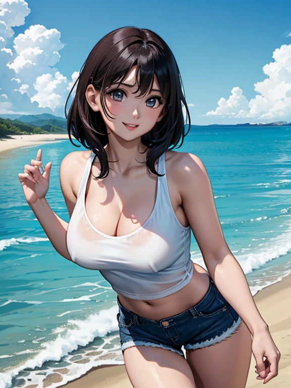 (Highest quality、masterpiece、High resolution、8K)、Vibrant colors、Young and beautiful woman 1、whole body、Brown and black short bob、barefoot、(Detailed face、Beautiful Eyes、Beautiful nose、Pretty lips)、Beautiful cleavage、A woman wearing a white T-shirt and shorts、Running on the beach、Surprised Smile、Official Art、The background is the sea、blue sky、White waves and wide sandy beach、Wide forest、White Entrance Cloud、
