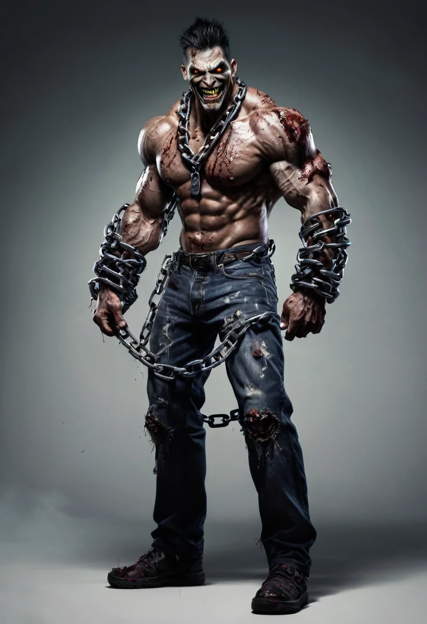 Zombie, male, strong body, muscle, as villain, smile bad with teeth sharp, zombie s, heavy chain in body, full body, full body view