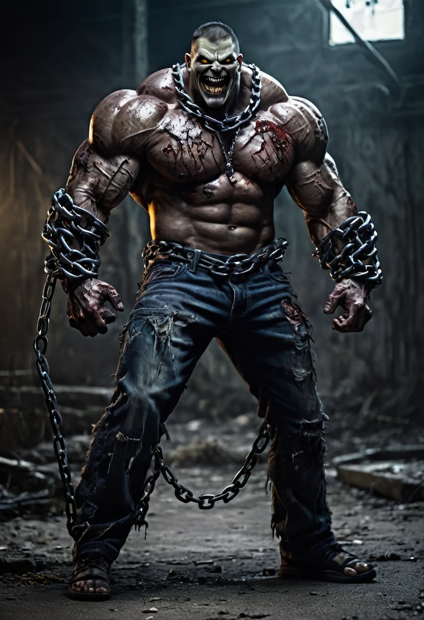 Zombie, male, strong body, muscle, as villain, smile bad with teeth sharp, zombie bosses, heavy chain in body, full body, full body view