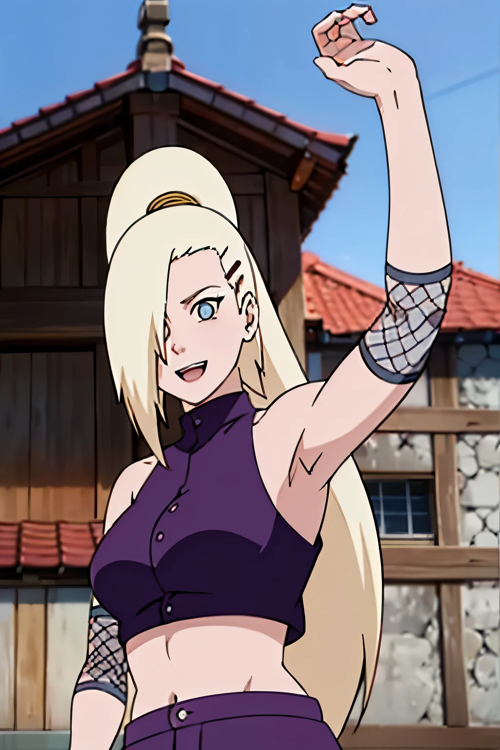 (serving viewer), Ino yamanaka, looking at the viewer, attractive, from below, ultra detailed face, sunny day, day time, upper body view, anime style, solo, detailed home, blonde, (purple clothes), ((one eye covered with hair, hair over eye)), medium breasts, belly button, looking at the viewer, thick arms, (off-shoulders, wide shoulders, curving body), hidden eye, smile, open mouth, very happy, tall, hair clip, sharp look, sharp face, sharp eye, cold colors,
