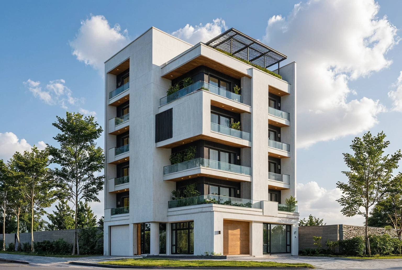 Masterpiece, high quality, best quality, authentic, super detail, outdoors, onestoreyvillaXL, aiaigroup, house style modern on the street ,stairs, white wall ,road,pavement, grass, trees, sky, cloud, (daylight:1.1)