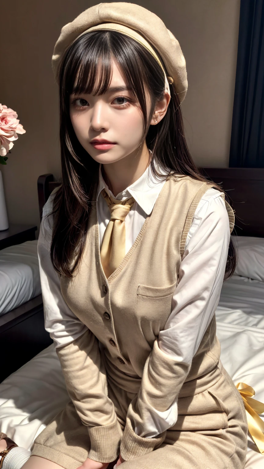 (absurdres:1.3), (highres:1.3), (ultra detailed:1.3),(1girl:1.3), (extremely detailed CG unity 8k wallpaper:1.3), (detailed skin texture, detailed cloth texture, detailed hair texture), (beautiful detailed face, supermodel, pale skin, realistic glistening skin), (RAW photo, best quality), (realistic, photo-realistic:1.4), masterpiece, extremely delicate and beautiful,Amazing, finely detail, extremely detailed CG unity 8k wallpaper, huge filesize, ultra-detailed, highres, absurdres, soft light,rim light, vibrant details, hotel room, straight hair, large breasts, black hair color, Big Natural Color Lip, (perfect body shape), beautiful legs, BREAK (beige theme:1.5), (beige short-culotte:1.4), ((beige vest, arms exposed vest, button):1.3), (long sleeve white shirt:1.4), (necktie:1.2), (beige beret with Ribbon:1.4), (bare legs:1.3), (white socks:1.2) ,(brown loafers:1.3), crying a little、Harajuku style、20 year old girl、cute type、lolita、