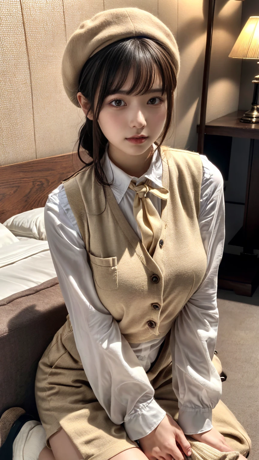 (absurdres:1.3), (highres:1.3), (ultra detailed:1.3),(1girl:1.3), (extremely detailed CG unity 8k wallpaper:1.3), (detailed skin texture, detailed cloth texture, detailed hair texture), (beautiful detailed face, supermodel, pale skin, realistic glistening skin), (RAW photo, best quality), (realistic, photo-realistic:1.4), masterpiece, extremely delicate and beautiful,Amazing, finely detail, extremely detailed CG unity 8k wallpaper, huge filesize, ultra-detailed, highres, absurdres, soft light,rim light, vibrant details, hotel room, straight hair, large breasts, black hair color, Big Natural Color Lip, (perfect body shape), beautiful legs, BREAK (beige theme:1.5), (beige short-culotte:1.4), ((beige vest, arms exposed vest, button):1.3), (long sleeve white shirt:1.4), (necktie:1.2), (beige beret with Ribbon:1.4), (bare legs:1.3), (white socks:1.2) ,(brown loafers:1.3), crying a little、Harajuku style、20 year old girl、cute type、ta、
