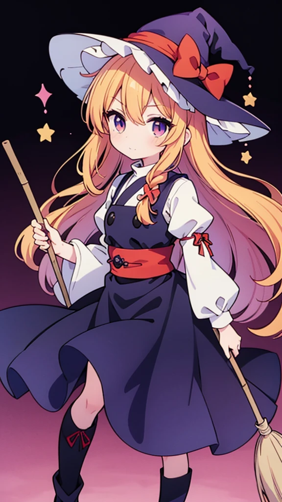 Marisa Kirisame is a recurring character in the Touhou Project series, known for her mischievous personality, powerful magic, and iconic witch outfit. Her appearance has evolved slightly over the course of the series, but her defining features have remained consistent, making her one of the most recognizable characters in the Touhou universe.
Key Physical Traits:
Hair: Marisa's hair is typically depicted as a vibrant red color, often styled in a short, loose ponytail with a prominent fringe. In earlier games, her hair was sometimes portrayed as a darker shade of red or even brown.
eyes: Her eyes are consistently shown as a bright red color, matching her hair and adding to her striking appearance.
Attire: Marisa's most recognizable trait is her witch outfit, which consists of:
Wide-brimmed hat: A pointed, wide-brimmed hat, often adorned with a white bow or ribbon, sits atop her head. The color of the hat varies, but it is most commonly purple or black.
Purple dress: She wears a purple dress with long sleeves and a white collar. The dress is often embellished with lace or other decorative details.
Black boots: Knee-high black boots complete her witchy ensemble.
Accessories: Marisa accessorizes with various items that reflect her magical abilities and personality, including:
hakama: Loose-fitting hakama pants, typically black or purple, are often worn under her dress for added mobility.
Broom: Marisa's signature mode of transportation is a magical bamboo broom, which she rides for both combat and casual flight.
Magic bullets: As a magician, Marisa utilizes a variety of magic bullets, often depicted as colorful spheres or projectiles.
Overall Appearance: Marisa's overall appearance exudes an air of confidence and mischievous charm. Her bright hair, striking eyes, and witchy attire make her a visually memorable character, while her accessories and magical abilities further enhance her persona as a powerful and eccentric magician.
Chibi Character、miniaturization、Solid color background