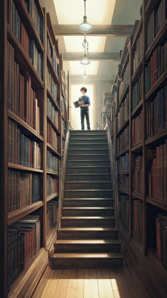 Alex frowns, tugging at the book again, which suddenly triggers a mechanism. A section of the bookshelf creaks and slowly swings open, revealing a dark, narrow staircase leading down.