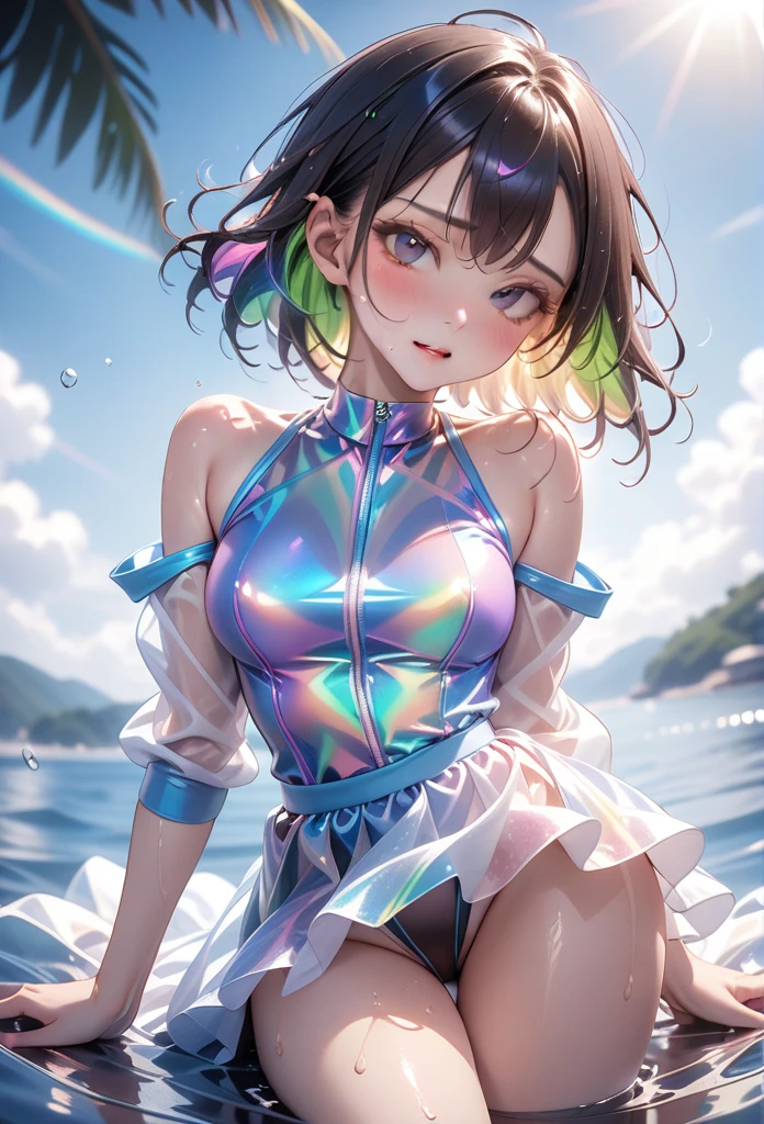 ((Lying on a rubber floating on the sea)), ((rash guard)), ((swimsuit sides see-through)), (((The swimsuit is a vivid color))), ((Mesh mini skirt)), liulixl, iridescence, organza,, skindentation, skinny, solo, 1 woman, Masterpiece, highest quality, highest quality, 16K, incredibly absurd, highly detailed, 2.5D, ai-generated, delicate and dynamic, very delicate facial expressions, delicate eye depiction, erotic, only sexy woman, ((A cute and kind face)), healthy figure, 25-year-old woman, bride, 160cm tall, medium firm swaying bust, (dark hair), black eye, blush, Sweat,Embarrassed,sexy, ((thin thighs)), (camel toe:0.8), (Erect nipples:0.7), ((shiny and lustrous)), facing straight at viewer, ((brown black skin)), ((Oily_skin)), sweaty skin, wet skin, (suntan), dutch angle, ((sexy pose)), Dynamic poses, ((Summer Sea)), Strong sunlight, ((sexy pose)), ((Lying)), ((On the open sea)), Knee Up,