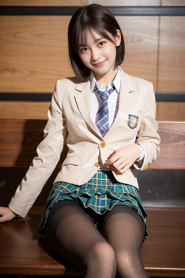 (8K), (highest quality: 1.2), (Realistic), (Realistic: 1.37), Ultra-high resolution, 1 girl, cute, (Embarrassed smile:1.2), (Blushing:1.4),Mouth closed, Beautiful details, Beautiful Nose, very short bob Hair,Navel exposed,University Student Uniform,(A simple blazer:1.5),Pleated skirt,(The skirt and tie are tartan check pattern.:1.3),(Leather shoes), (sitting on a library bench:1.2),(Shiny Thighs:1.2),(Very thin panty hose:1.2)