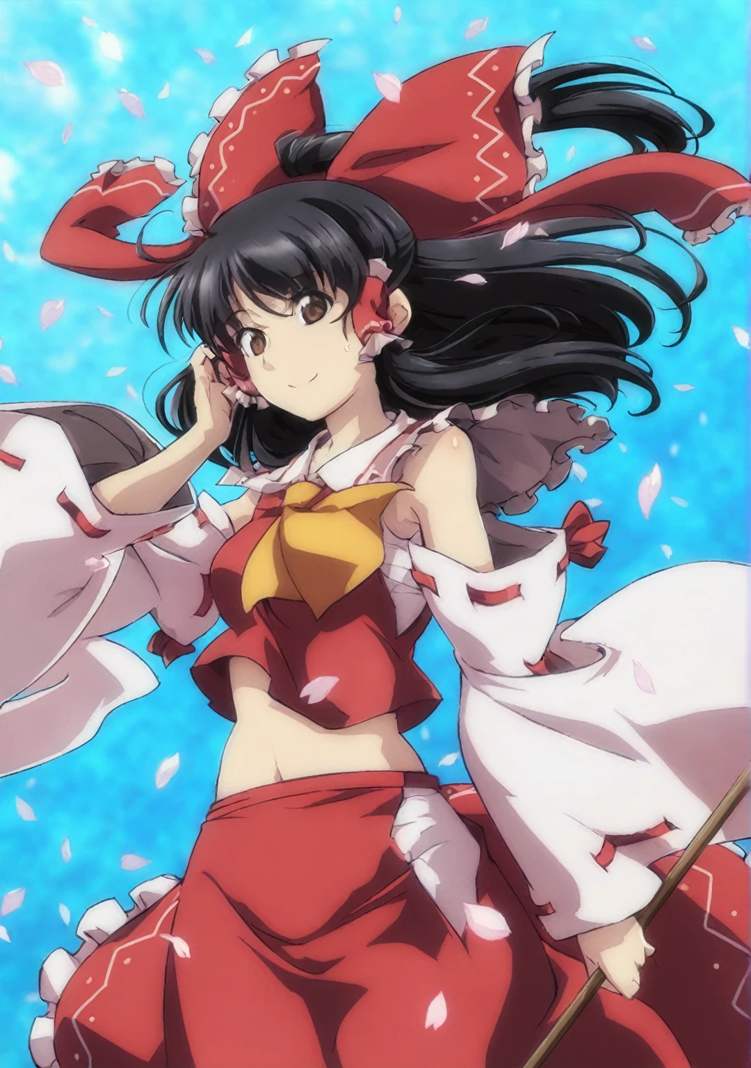 アニメ girl in red and white outfit holding a pole and a flag, Reimu Hakurei, artistic render of Reimu Hakurei, アニメ moe artstyle, art officiel, Rin Tohsaka, art officielwork, attrayant Matoi Ryuko, eat and drink, アニメ best girl, アニメ style 4K, アニメ! 4K, アニメ! 4K