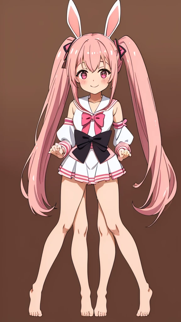 ((masterpiece))((Highest quality))Rabbit Ears、girl、smile、blush、Flat Chest、Are thin、Pink Hair、blush、Are standing、Whole body image、Even your toes are visible、Eye level on face、front、No background、Rabbit Pose、真frontのアングル、Pigtails、Sailor clothing