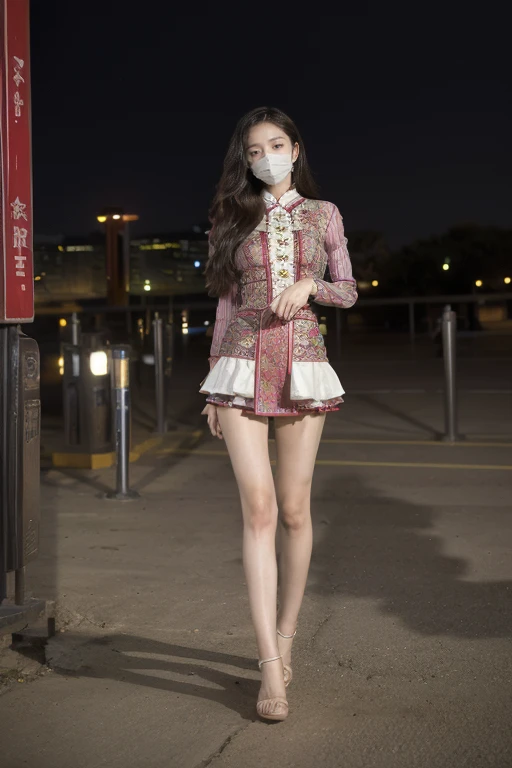 ((original photography:1.2)),Photographed by mobile phone,RAW photos,Night view of Beijing,violent storm,1 Girl, Perfect body,Full body portrait,Fashion的头发, Very long hair, delicate eyes, Side Light, Sweating,With a mask, huge collar,Medium breasts,Fashion的民族服飾,(intricate ethnic costumes、Colorful、embroidery、stripe、pattern、Fashion、Hollow),Long slender legs