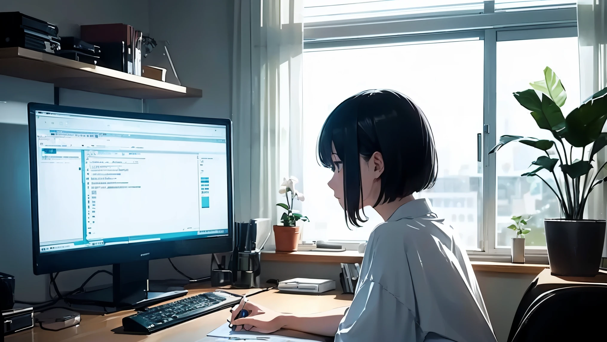 A female programmer in her 20s、Draw a scene where you are working in your room at home。She has a short hairstyle、Concentrating and staring at the computer screen。The room is dark because it's night.、keyboard on the desk、mouse、There are also several programming related books.。In the background of the room、I can see the moonlight and city lights from the small window.、Soft light from a desk lamp illuminates her workspace.。This illustration、It expresses the atmosphere of a woman immersed in coding alone on a quiet and calm night.。